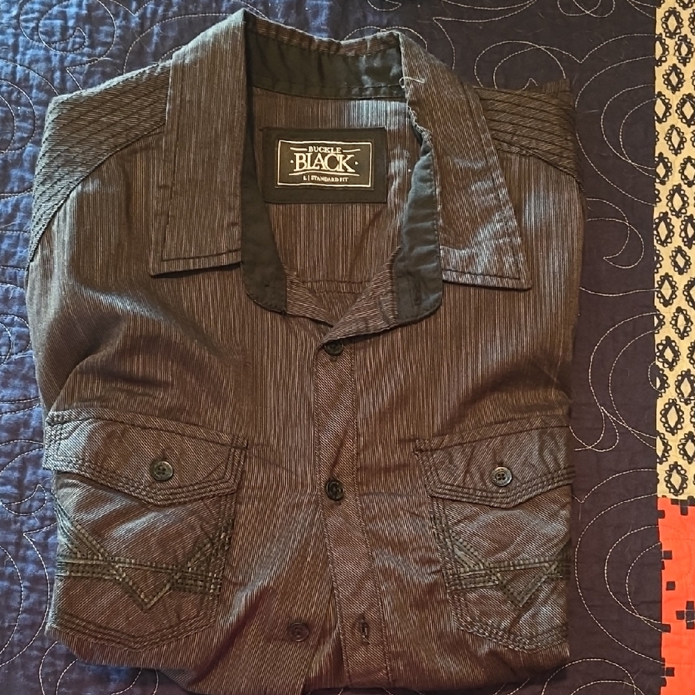 Buckle Black Striped Casual Button Down Shirt
